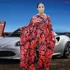 Ethnic Clothing Elegant Rompers 2023 Autumn Sexy Women's Jumpsuits O-collar Long Bat Sleeve Wide Leg Playsuits Print Design Africaine