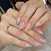 Unhas Postiças 24 Pçs Azul Rosa Ondulado Amêndoa Simples Com Cola Design Francês Vestível Capa Completa Falsa Press On Tips Art