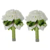 Fiori decorativi 2X Bellissimo bouquet da sposa Fiore da damigella d'onore Bouquet di rose bianche artificiali-Nastro verde
