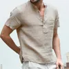 Men's Suits Men's A2003 Chieuwe Mannen T-shirt V-hals Single Breasted Ontwerp Casual Mode Katoen En Linnen Ademend Solidcolor Shirt