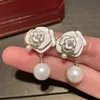 New trendy ins fashion luxury designer sparkle zirconia diamond earring pretty rose flower drop pearl pendant earring for woman gifts with jewelry box silver post