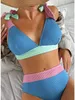 New Arrivals Summer Beach Wear Swimwear Color Block Ribbed Knot Straps Bikini Set Swimwear Women