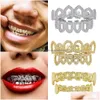 Grillz Dental Grills 18K Gold Hip Hop FL 다이아몬드 중공 치아 Grillz 아이스 아웃 송곳니 아웃 송곳니 캡 뱀파이어 코스프레 래퍼 보석 DHHAF