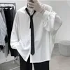 Mens Casual Shirts Black Longsleeved Men Korean Comfortable Blouses Loose Single Breasted Shirt With Tie 230607