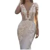 Luxe Dentelle Appliques Paillettes Sirène Robe De Mariée Col En V À Manches Longues Backles Balayage Train Robe De Mariée Robes De Noiva