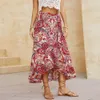 Röcke Rüschenrock Frauen Bohemian Print Unregelmäßige Seite Krawatte Strand Casual Wrap Elegante Midi Frau Kleidung 230607