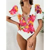 Swim Wear 2023 Mesh Sexig badkläder Kvinnor Swimsuit Floral Bathing Suit V Neck Beach Padded Bodysuit Monokini Female 230605