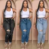 Casual Womens Clothing Denim Ripped Jeans Personalized Torn Hole Diagonal Buckle Elastic Pants