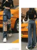 Dżinsowe dżinsy kobiety proste dżinsowe spodnie Kobiece kieszenie podrywane długie streetwearne odzież swobodne workowate spodnie damskie hole patch cargo g105