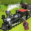 Electric RC Car Electric Train Toy Remote Control Rökning Lokomotivskenor montera DIY -spår Set Klassiska leksaker för barn 230607