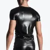 Men's Suits A2023 Leather Tops Stretch Pu Short Sleeve T-shirts Club Slim Bar Stage Performance Tee Shirt Elastic Blouse