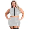 Dresses Plus Size Ladies Nightclub Shiny Metallic Dancing Costume Zipper Open Bust Sleeveless Crop Top Bandage Skirt With Garter Belts