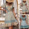 Casual Dresses Ladies Dress V-Neck Bohemian Style Petal Sleeve Breattable Elegant Daily Wear Soft Vintage Print Mini Beachwear Befree Frocks