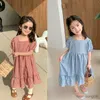 Платья для девочек летнее платье для девочек широкое вырез с коротким рукавом, новая повседневная детская детская одежда для девочек