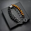 リンクブレスレットWinoneday Men Jewelry Natural Tiger Eye Stone Beaded Braceted Black Stainless Steell