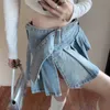 Spódnice dżinsowe kobiety słodkie plisowane eleganckie letnie seksowne z paskiem vintage marszczone streetwear hip hop y2k mody zaprojektowany 230607