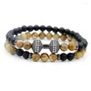 Bracelets porte-bonheur 2 pièces/ensemble naturel Onyx écorce pierre brin Bracelet hommes cuivre incrusté Micro CZ haltères énergie pour Couples bijoux chanceux