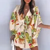 Klänning Lady Summer Boho Beach Mini Dress Women Stripe Floral Print Lace Up Button Dresses For Elegant Batwing Sleeve Loose Robe Dress