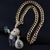 Colares com Pingente Nova Moda Ouro 18K Hip Hop Desenhos Animados Grande Saco de Dinheiro Colar Personalizado Mti Cor Iced Out Correntes de Zircônia Cz Judeu Dhaca