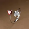 Bröllopsringar Söt kvinnlig hjärta sten öppen ring Dainty Rose Flower Engagement Charm Silver Färg för kvinnliga smycken