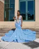 Himmelblaues schieres O-Ausschnitt-langes Abendkleid für schwarze Mädchen 2023 Applikationen Geburtstagsparty-Kleider mit Pailletten und Meerjungfrau-Abendkleidern