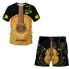 Herrspårar Cool Hip Hop Music 3D Guitar Print Short Sleeve Suit Men Women Summer Beach Casual Wear T-shirt Shorts 2 Piece 2023