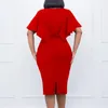 Etnische Kleding Zomer Elegante Afrikaanse Vrouwen Korte Mouw Polyester O-hals Rood Wit Blauw Knielange Bodycon Jurk Jurken