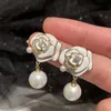 New trendy ins fashion luxury designer sparkle zirconia diamond earring pretty rose flower drop pearl pendant earring for woman gifts with jewelry box silver post