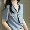 Women's Blouses Office Lady Solid Color Elegant V-Neck Blouse 2023 Summer Short Sleeve Casual Pockets Spliced Stylish Drawstring Straight