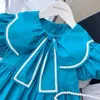 Girl's Dresses 1-12 Kids Summer for Girls Solid Turn Down Collar Blue Princess Dress with Bow Toddler Baby Clothes Casual Vestido