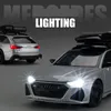 Diecast Model 1 Scala 24 Veicolo giocattolo Audi RS6 Edizione da viaggio Auto Tirare indietro Suono Luce Porte Collezione apribile Regalo per bambino 230605