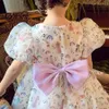 Flickans klänningar Girls Summer Dress with Bow Children Floral Short Sleeve Princess For Cute Chiffon Party Fits 2-10 Years