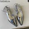 Suojialun 2023 Spring New Pointed Toe Women Sandal Fashion Ankle Strap Ladies Elegant Slingback Shoes Square Low Heel Dress Muje L230518