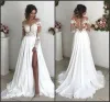 Glamouröse Sommer-Hochzeitskleider aus Chiffon mit Spitze und durchsichtigen, langärmligen Brautkleidern, Applikationen, Juwelenausschnitt, Illusionsrücken am Rücken und Knöpfen