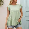 Kvinnors T-skjortor Kvinnor Solid Color Scoop Neck Short Ruffled ärm T-shirt Summer Lady Fashion Coman Cotton Linen Top Comfort Breath