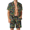 Survêtements pour hommes plumes de paon colorées hommes ensembles bleu et vert short décontracté vacances chemise ensemble nouveauté costume à manches courtes surdimensionné