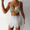 İş Elbiseleri Parlak Puarlı İki Parçalı Set Kadınlar Spagetti Kayışı Diamante Sütyen Üstü Püskül Bel Zinciri Latin Dans Performansı 2 PCS