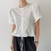 Women's Blouses Women Fashion Drawstring Tie Bow Fold Shirt O-neck White Loose Casual Bubble Sleeve Blusas 2023 Summer Tide Top Y597