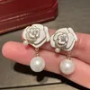 New trendy ins fashion luxury designer sparkle zirconia diamond earring pretty rose flower drop pearl pendant earring for woman gifts with jewelry box silver post