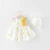 Robes de fille tenue d'été enfant en bas âge fille mode mignon imprimé coton bébé filles robe de princesse + chapeau de soleil ensemble de vêtements pour nouveau-nés