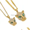 Collane con ciondolo New Fashion Hip Hop Mens placcato oro Bling Green Diamond Eyes Leopard Cuban Chain Collana Cartoon Animal Jewelry Dhbt2