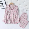 Conjunto de pijama feminino primavera feminino pijama estampado pêssego crepe algodão dupla camada gaze gola virada para baixo calças de manga comprida para uso doméstico