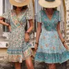 Casual Dresses Ladies Dress V-neck Bohemian Style Petal Sleeve Breathable Elegant Daily Wear Soft Vintage Print Mini Beachwear Befree Frocks