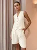 Chándales de mujer Jyate 2023, conjuntos de pantalones cortos de lino Beige de verano, conjunto de 2 piezas para mujer, chaleco ajustado elegante con cuello en V liso, trajes de pierna ancha de algodón a la moda