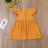 Robes de fille Enfant Enfant Bébé Fille Robe D'été Volants Manches Coton Lin Fête Enfants Filles Casual Bouton Poche Robe Vêtements