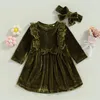 Girl Dresses Toddler Baby 2Pcs Lace Velvet Dress Princess Lovely Kids Long Sleeve Bow Front Headband Winter Outfits Set