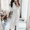 Dresses Casual Woman Dress Summer Elegant Button Ruched Bandage Shirt Fashion Short Sleeve Solid V Neck Beach Maxi Designer Blouse