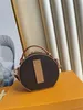 10A Mini Petite Boite Chapeau Sac à bandoulière rond avec bracelet en cuir réglable Garniture en cuir de vache originale Pochette messager en toile Sacs à bandoulière marron