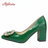 Aphixta New Dark Green Pearl Buckle Patent Leather Women's Pumps 7cm Square Heel Officile Pointed Toe Shoes Super Big Size 49 50