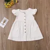 Robes de fille Enfant Enfant Bébé Fille Robe D'été Volants Manches Coton Lin Fête Enfants Filles Casual Bouton Poche Robe Vêtements